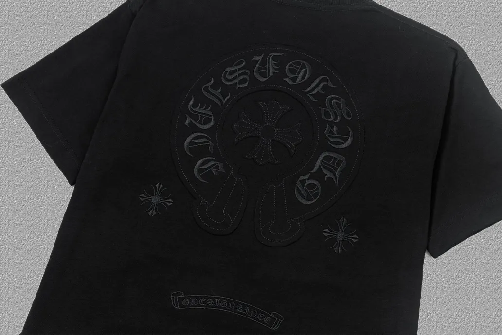 🅿️200 [CH Crow Heart] 2025FW short-sleeved T-shirt, patch embroidery, high-end 26s double yarn 300g fabric, heavy fabric, custom stretcher rib, same cylinder and dye, complete three standards, same style for men and women, color: black, white, size: S M L XL 2XL